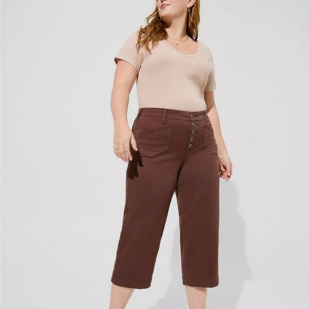 Brown Twill Button-Up Cropped Pants